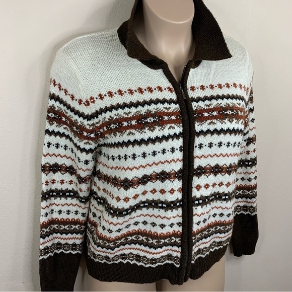 XL Vintage Beige Classic Elements Nordic Print Zip Closure Cardigan Sweater 18 - Picture 2 of 8